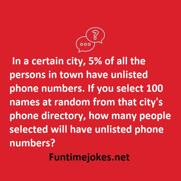 In a certain city, 5% of all the persons in town have unlisted phone numbers. If you select 100 names at random from that city's phone directory, how many people selected will have unlisted phone numbers?